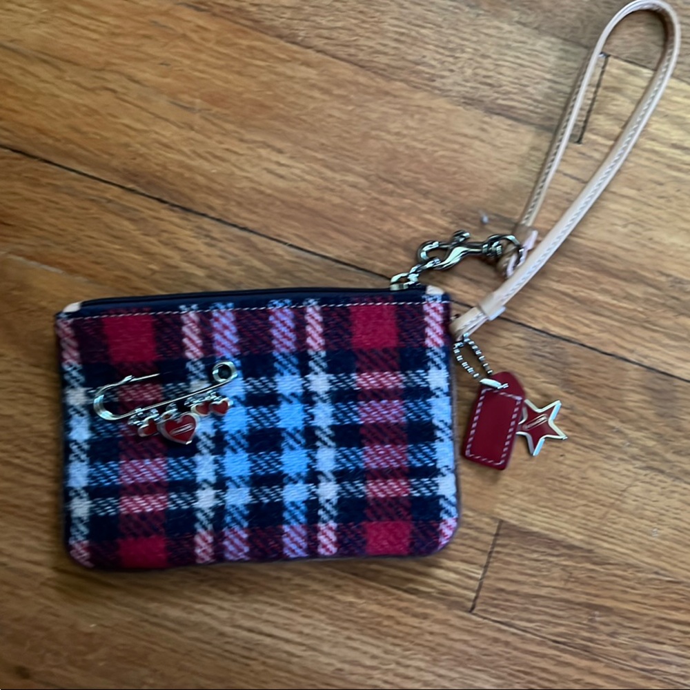 Coach Red and Blue Plaid Wristlet with Heart Charms
